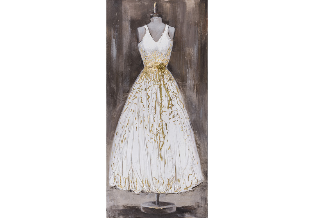 Unikat-Leinwandbild Kleid weiß/gold | Acryl / Stoff-Relief | 70 x 150 cm
