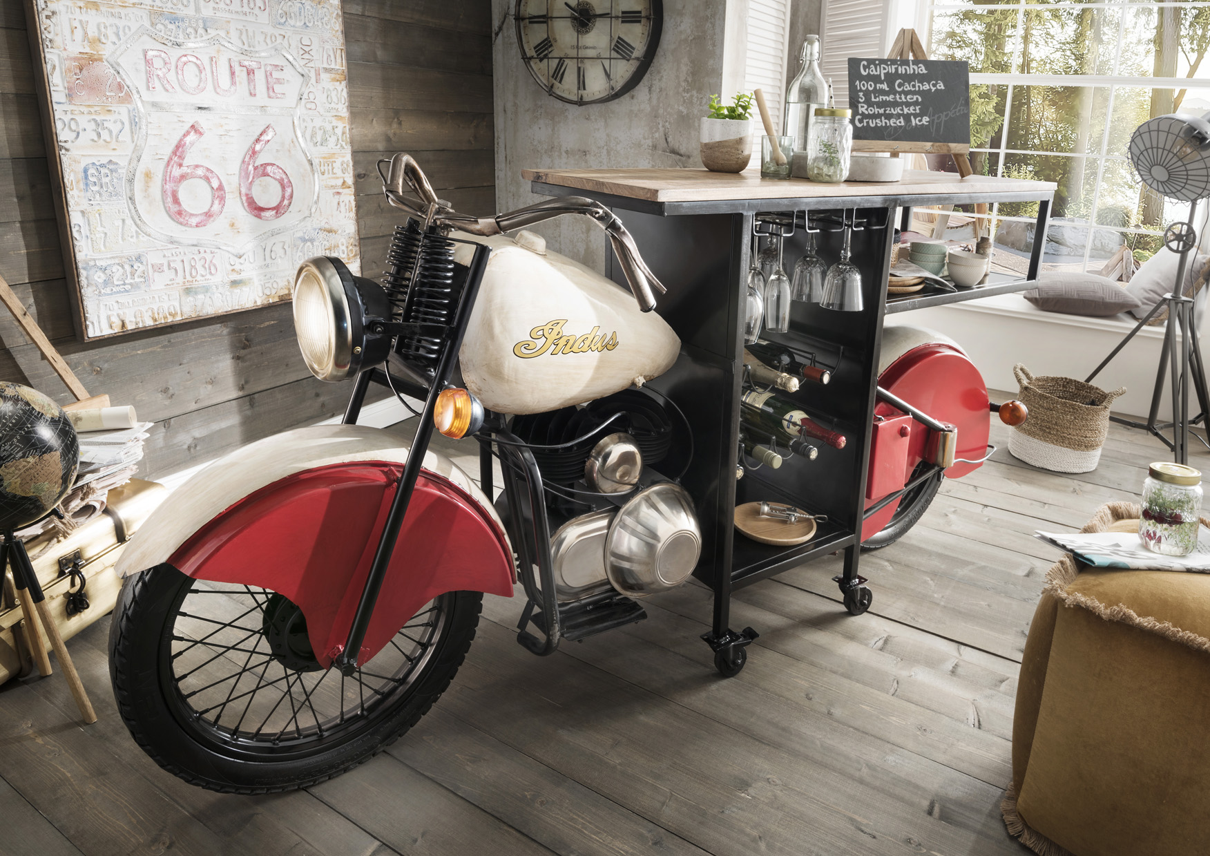 Motobike - Bar GLIDER | Handgefertigt Metall schwarz-weiß-rot /Mangoholz| für echte Biker