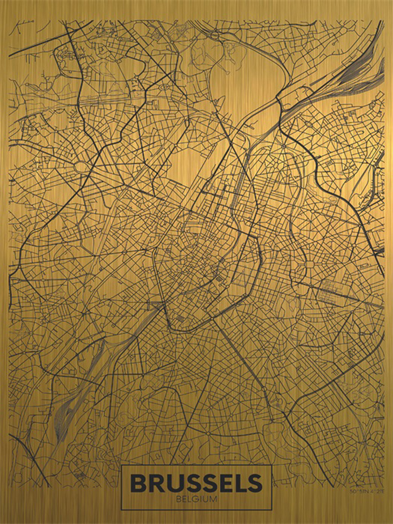 Wandbild MondiArt  | CITY MAP BRUSSELS | Alu-Art matt gold | M = 80 x 120 cm