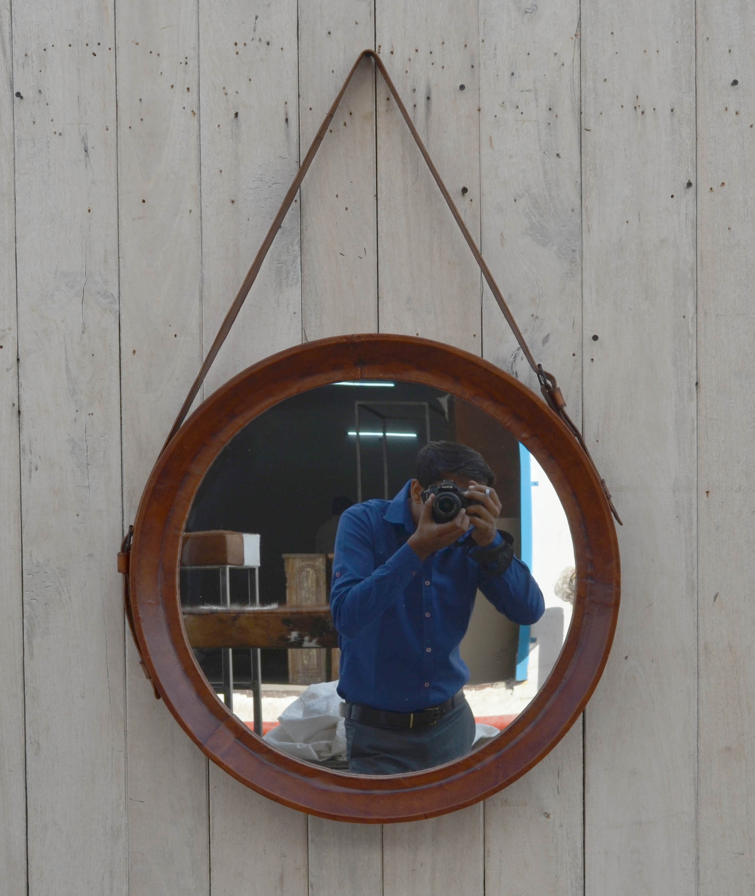Spiegel ADI | echter Leder-Rahmen | braun | rund | Ø/T: ca. 60 x 6 cm
