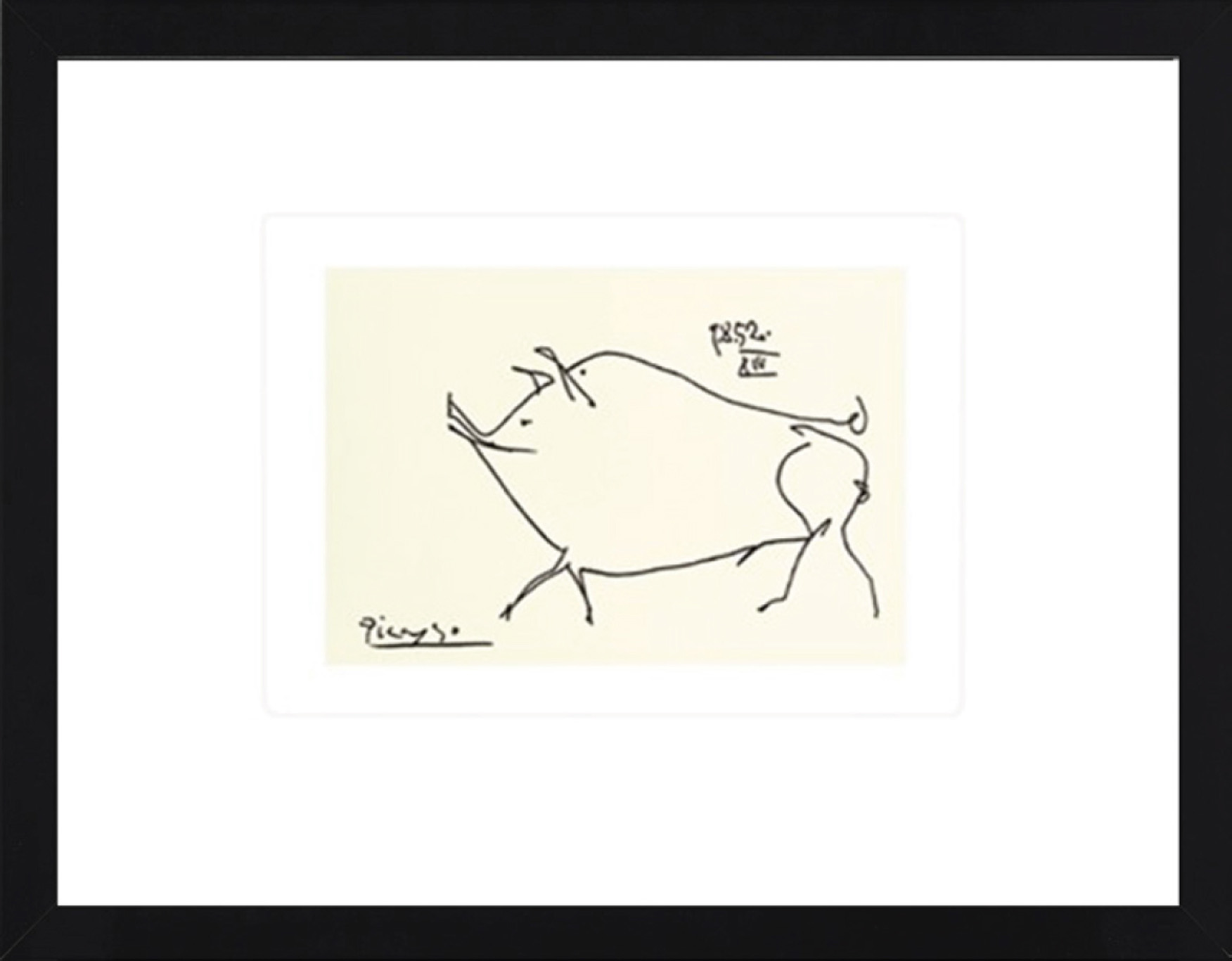 Picasso-Kunstdruck SCHWEIN | Holzrahmen schwarz / Kunstglas | 60 x 50 cm