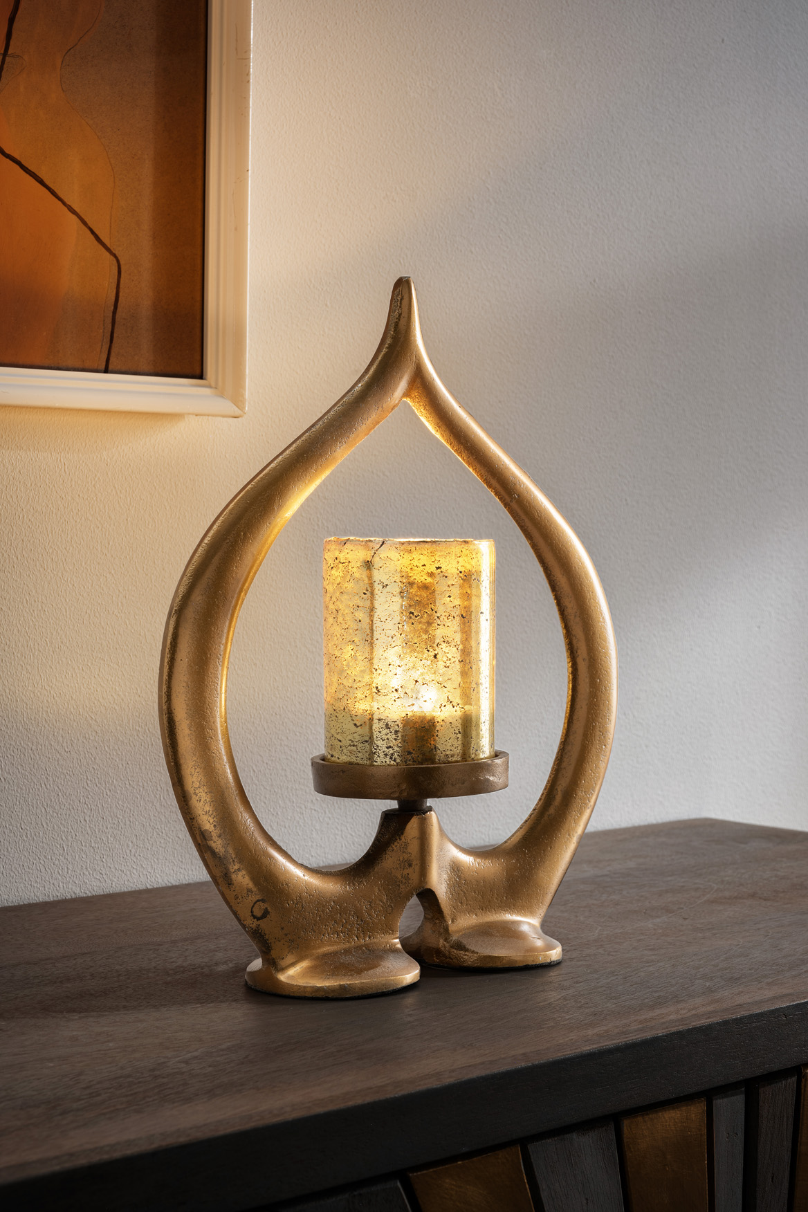 Windlicht FLAME | Aluminiumguss, antik-gold | B/H/T: ca. 32 x 33 x 10 cm