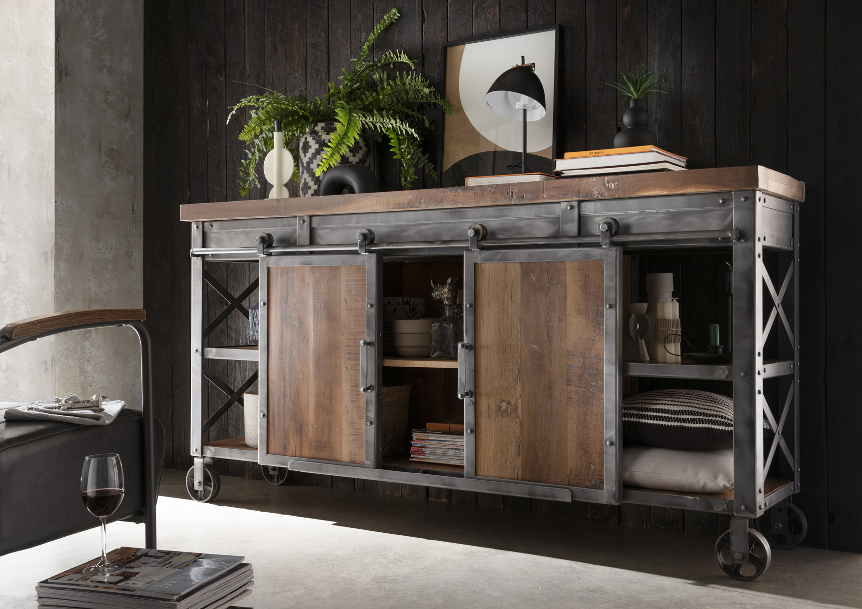 Sideboard SLIDER-1 | recyceltes Altholz/Eisen vintage | 2 Schiebetüren | 185 cm breit