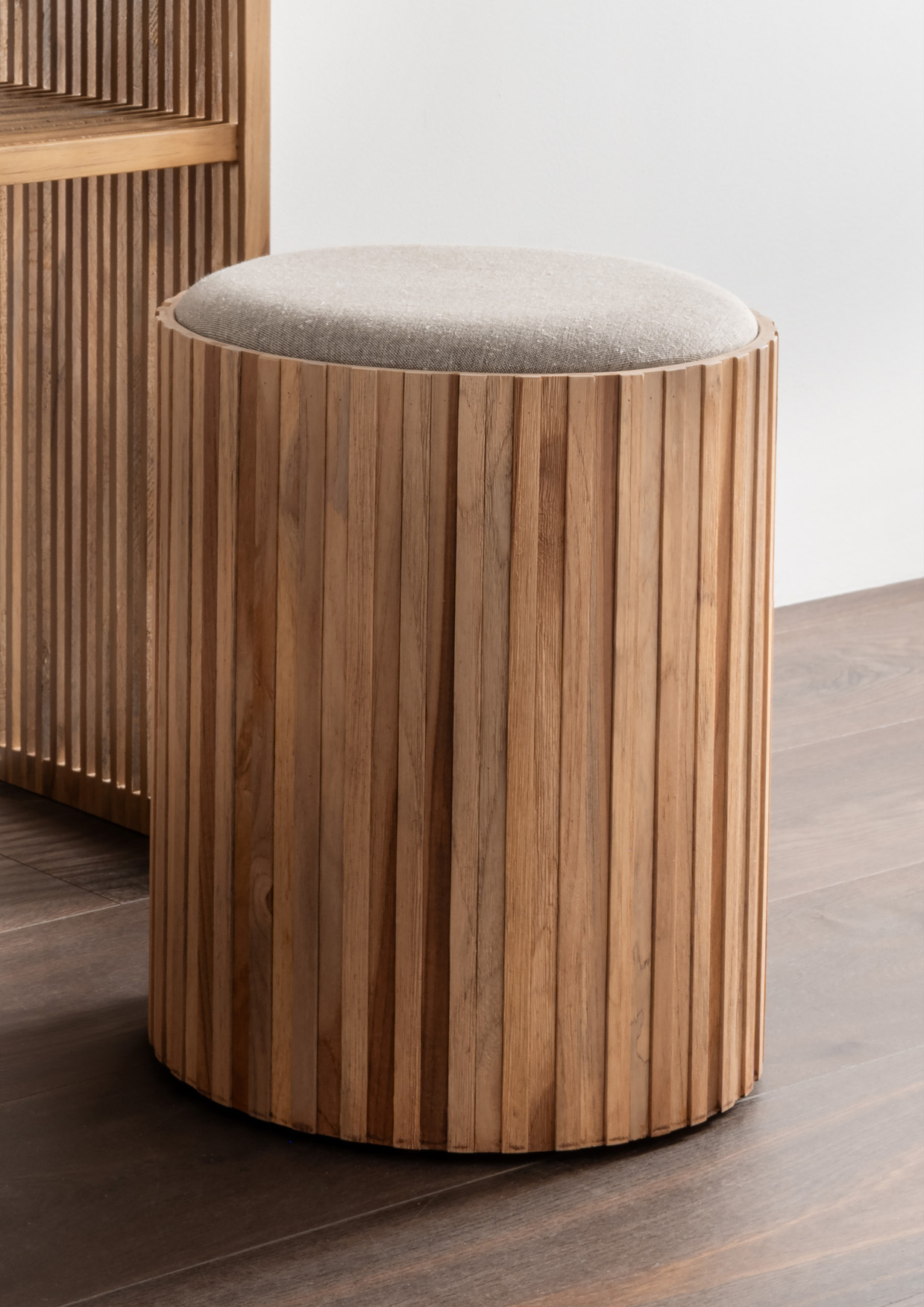 Hocker WOODY | recyceltes Teakholz, Stoffsitzfläche